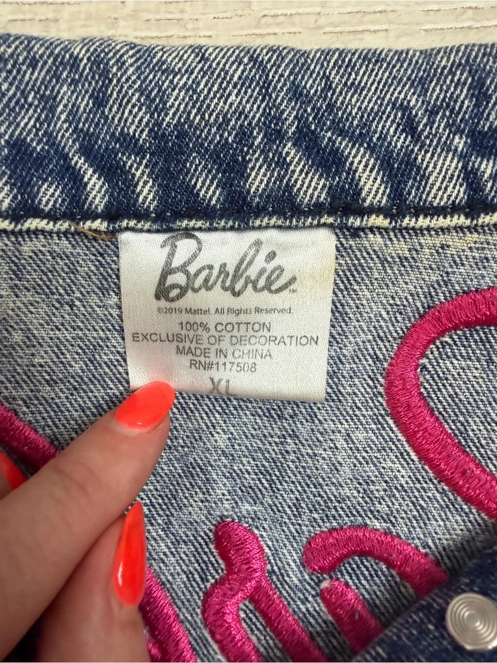 Barbie Denim Jacket Kids XL Embroidered Logo Blue Jean Jacket Youth XL